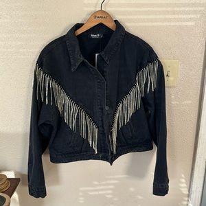 Rhinestone Fringe Black Jean Jacket